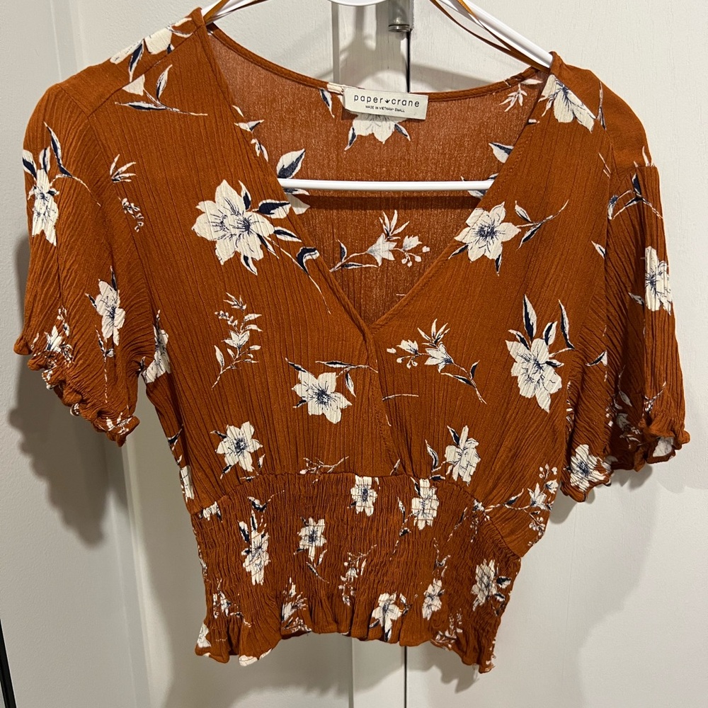 Rust Orange Floral Cinched Crop Top